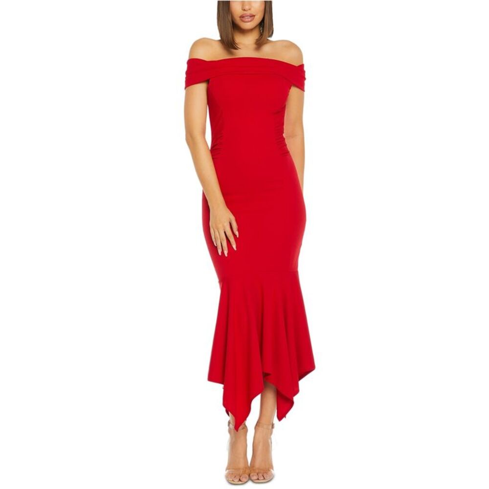 Quiz Womens Solid Off-Shoulder Gown Dress, Red, 10, DM